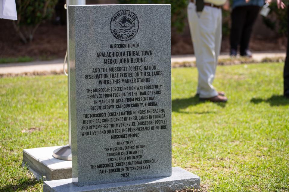 A memorial is displayed in front of the Calhoun County Courthouse honoring the Muscogee Nation Tribe, Wednesday, May 15, 2024.