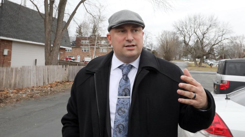 New York State Police Investigator Brad Natalizio at Greenway Terrace in Middletown Feb. 17, 2022. Megan McDonald was seen there on the night of her disappearance. 