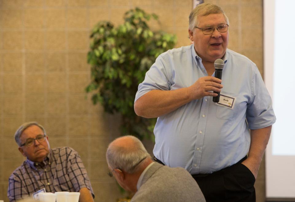 Former Mishawaka Mayor Bob Kovach speaks at a gathering of Mishawaka educators, politicians and members of the public interested in solving the School City of Mishawaka's fiscal issues Wednesday, August 5, 2015, at the Leaders' Workshop that took place at John Young Middle School in Mishawaka.