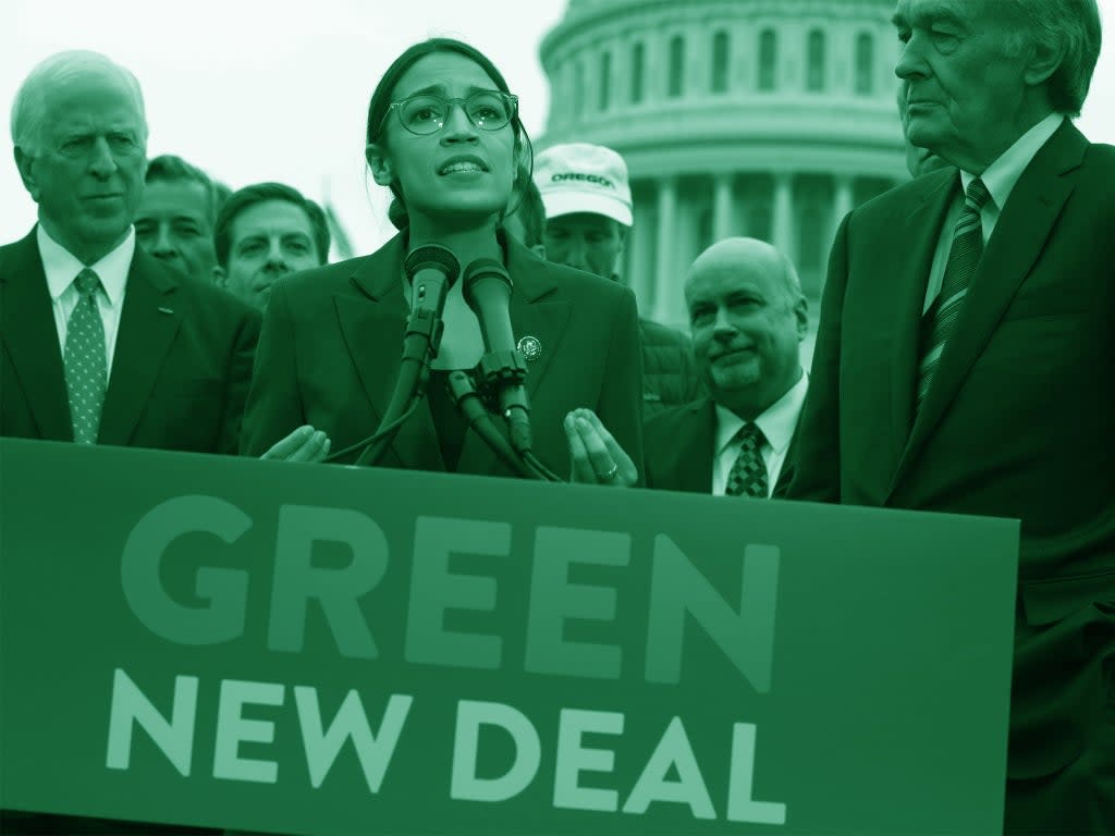 Alexandria Ocasio-Cortez and Ed Markey introduce the Green New Deal resolution on 7 February 2019 (Getty Images)