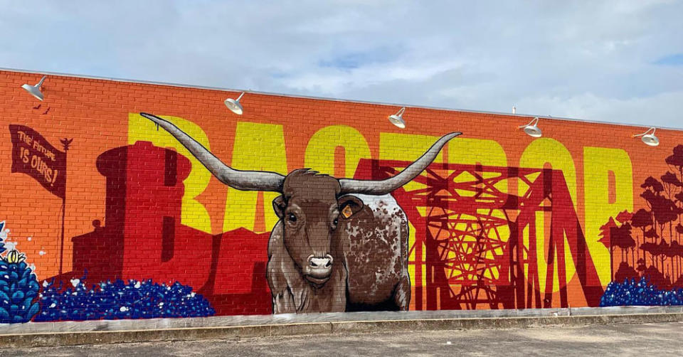 Bastrop Youth Advisory Council members, including Zhu, worked with the Cultural Arts Board to put up a mural downtown. (Megan Brandon)