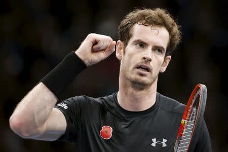 Britain's Andy Murray reacts during his men's singles final tennis match against world number one Novak Djokovic of Serbia at the Paris Masters tennis tournament November 8, 2015. REUTERS/Charles Platiau