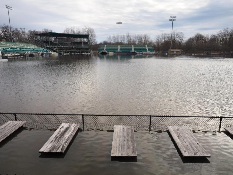 <p>The Growlers baseball field is underwater Kalamazoo Mayors’ Riverfront Park Thursday, Feb. 22, 2018 in Kalamazoo, Mich. The Kalamazoo County Sheriff’s Office is working to put a plan in place for the anticipated major flooding issues. (Photo: Mark Bugnaski/Kalamazoo Gazette-MLive Media Group via AP) </p>