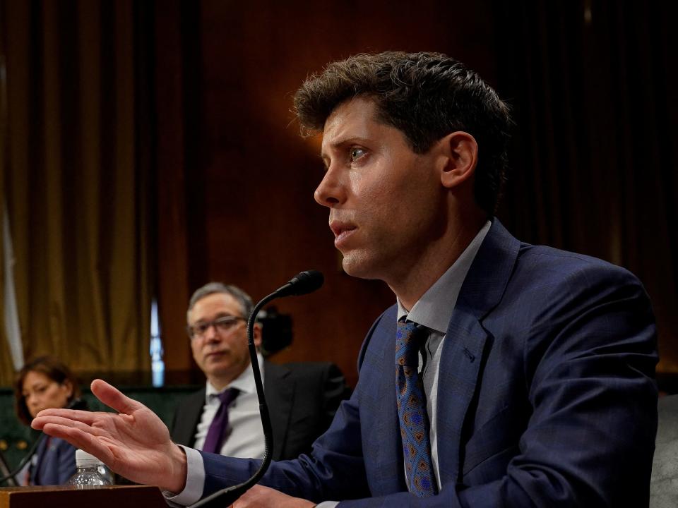 Photo of Sam Altman speaking at the Senate hearing on Tuesday.