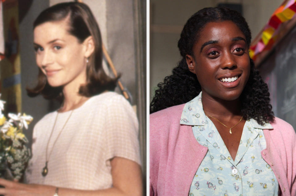 1996 actor with short hair played by a white actor and 2022 in a cardigan and dress played by a Black actor