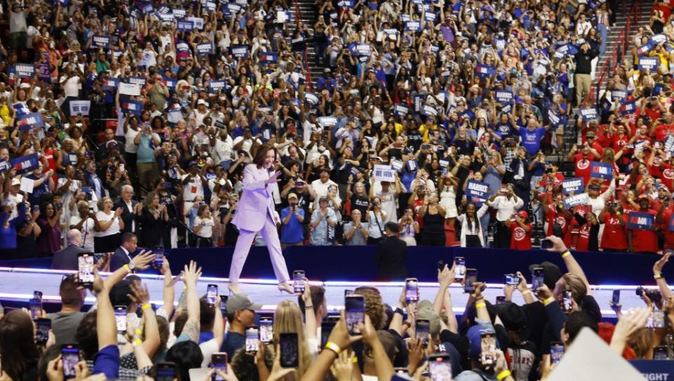 Vice President Kamala Harris waves to her supporters during a campaign rally in Las Vegas.