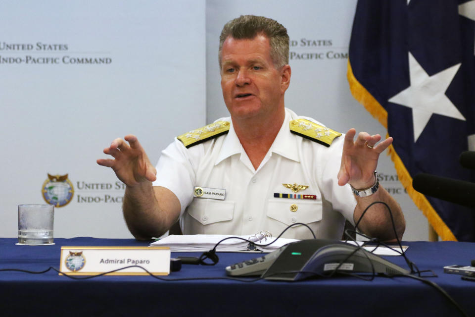 Adm. Sam Paparo, U.S. Pacific Fleet commander, speaks at a news conference at Camp H.M. Smith, Hawaii on Thursday, June 30, 2022. A Navy investigation released Thursday revealed that shoddy management and human error caused fuel to leak into Pearl Harbor's tap water last year, poisoning thousands of people and forcing military families to evacuate their homes for hotels. (AP Photo/Audrey McAvoy)