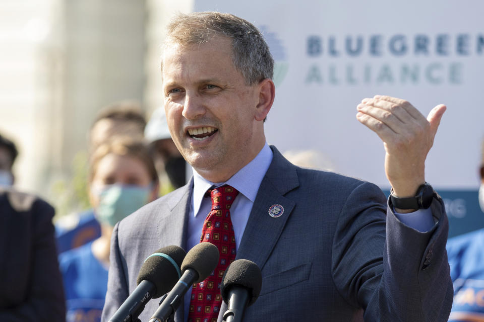 FILE - In this Aug. 23, 2021 file photo, Rep. Sean Casten, D-Ill., speaks during a news conference on Capitol Hill in Washington. Democratic incumbents, Reps. Sean Casten and Marie Newman, are facing off for a Chicago-area seat in the Democratic primary Tuesday, June 28. (AP Photo/Amanda Andrade-Rhoades File)