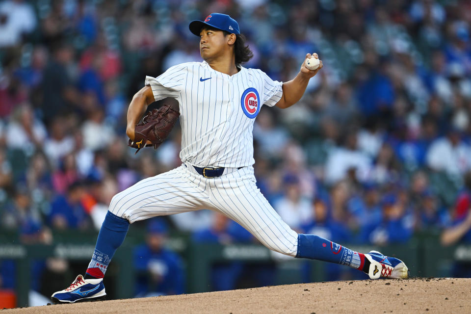 Shota Imanaga threw seven no-hit innings against the Pirates on Wednesday. (Quinn Harris/Getty Images)