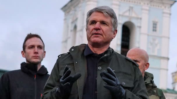 PHOTO: U.S. Congressman Michael McCaul, chairman of the House Foreign Affairs Committee, attends a news briefing in front of Saint Michael's Cathedral, amid Russia's attack on Ukraine, in Kyiv, Ukraine, on Feb. 21, 2023. (Anna Voitenko/Reuters)