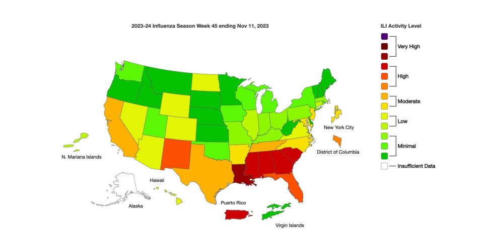 Map showing where flu rates are currently the highest as of early November, 2023.