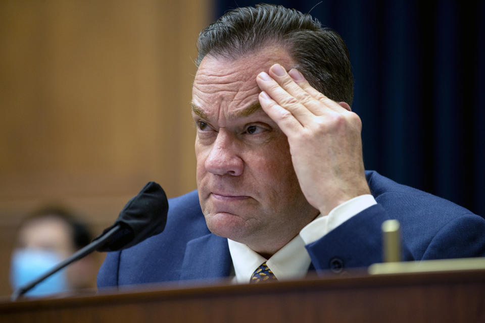 FILE - In this June 29, 2020 file photo, Rep. Russ Fulcher, R-Idaho listens to testimony on Capitol Hill in Washington. Fulcher is seeking reelection in Idaho's 1st Congressional District in the Nov. 8, 2022 election. (Bonnie Cash/Pool Photo via AP, File)