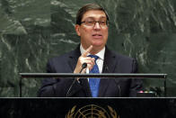 Cuba's Foreign Minister Bruno Eduardo Rodriguez Parrilla addresses the 74th session of the United Nations General Assembly, Saturday, Sept. 28, 2019. (AP Photo/Richard Drew)