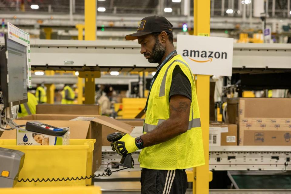 An Amazon employee working at the new inbound cross dock in Smithfield, North Carolina.