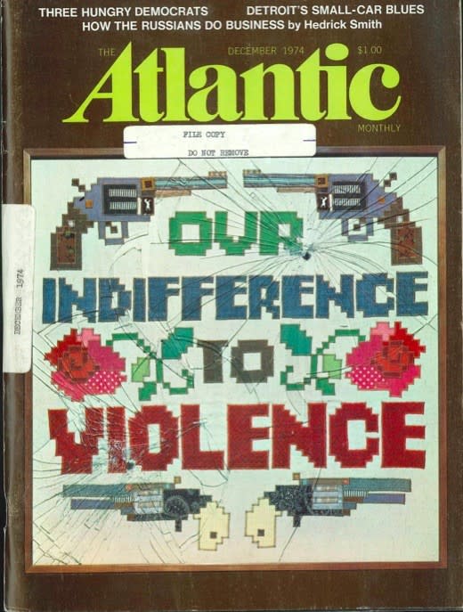 Marilyn Coffey leading the Dec ‘74 issue. Read<br> the <a href="http://www.theatlantic.com/magazine/archive/1974/12/badlands-revisited-a-1974-memoir-of-murderous-days-in-nebraska/483318/?utm_source=yahoo" rel="nofollow noopener" target="_blank" data-ylk="slk:newly digitized version of “Our Indifference
 to Violence,”;elm:context_link;itc:0;sec:content-canvas" class="link ">newly digitized version of “Our Indifference<br> to Violence,”</a> based on a 1958 killing spree. <br> (Adrienne notes a few passages <a href="http://www.theatlantic.com/notes/2015/12/a-41-year-old-magazine-cover-resonant-today/418725/?utm_source=yahoo" rel="nofollow noopener" target="_blank" data-ylk="slk:here;elm:context_link;itc:0;sec:content-canvas" class="link ">here</a>.)