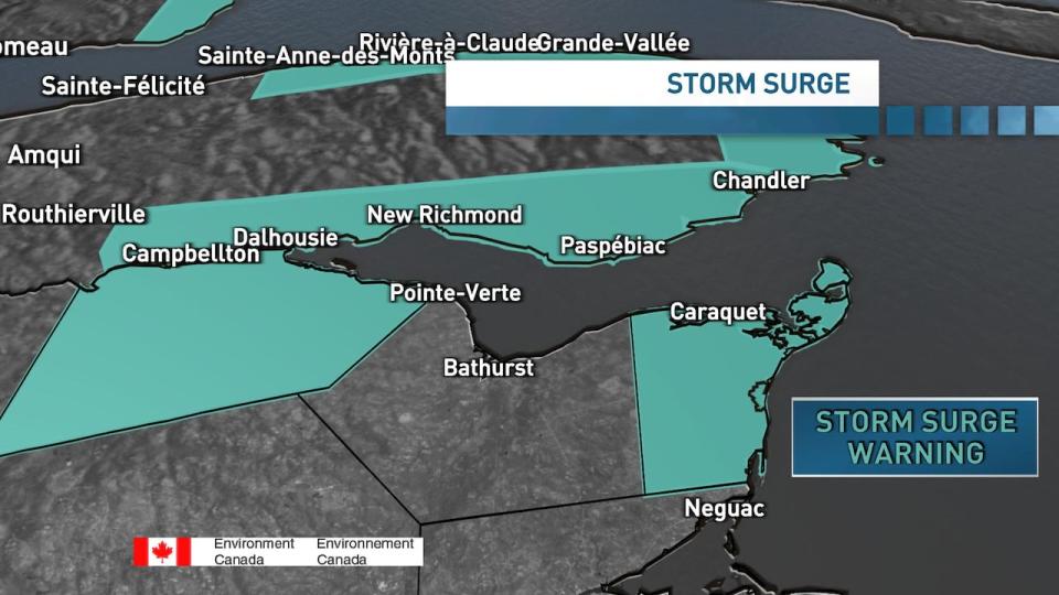 CBC meteorologist Tina Simpkin said east facing coastlines of the Acadian Peninsula and western and northern coastlines of the Bay of Chaleur could see a storm surge near high tide around 4 p.m. 