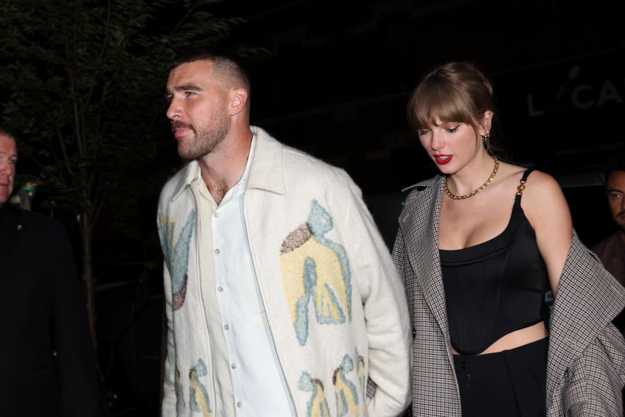 Travis Kelce and Taylor Swift make one of their first appearances as a couple in New York City on Oct. 14, 2023. 