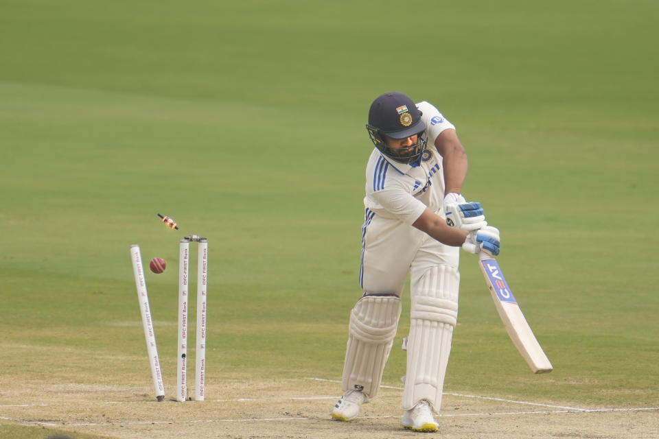 India's captain Rohit Sharma cleans bold by England's James Anderson on the third day of the second test match between India and England, in Visakhapatnam, India, Sunday, Feb. 4, 2024. (AP Photo/Manish Swarup)