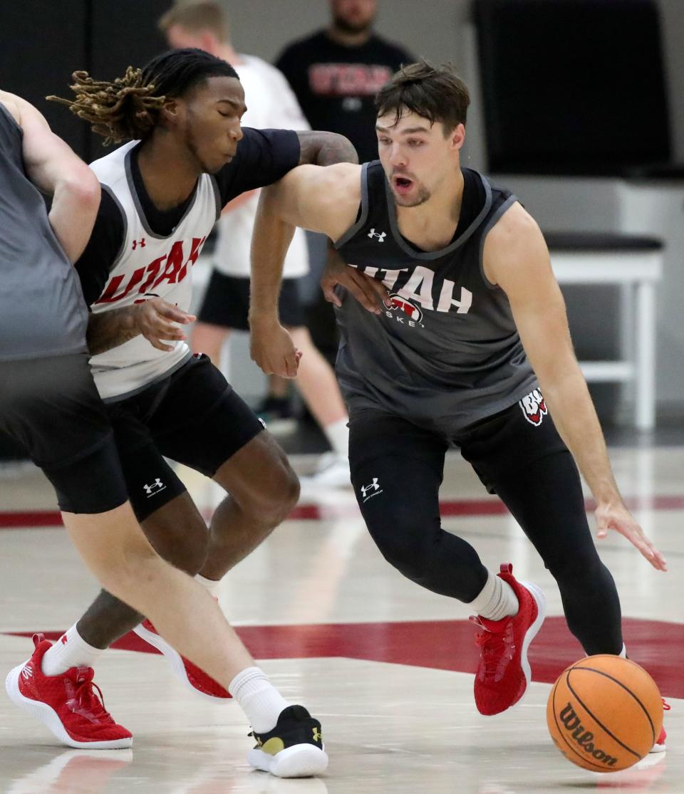 Deivon Smith and Rollie Worster practice with the Utah Runnin’ Utes at the Jon M. and Karen Huntsman Basketball Facility in Salt Lake City on Tuesday, Sept. 26, 2023. | Kristin Murphy, Deseret News