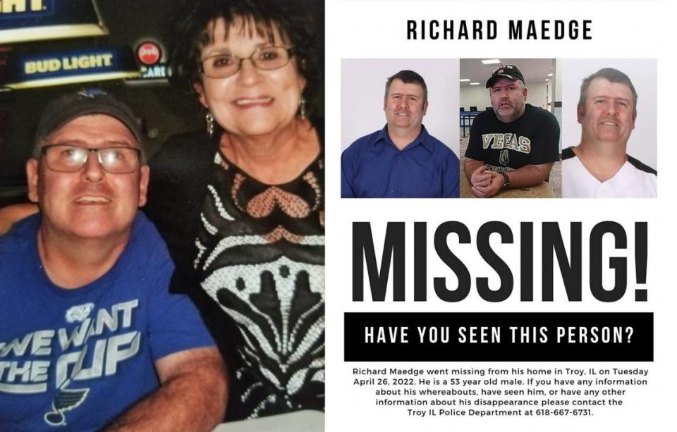 Richard Maedge, who was found dead on Dec. 11, is shown in happier times with his sister, Marilyn Toliver, who lives in Georgia. At right, a missing person’s flyer she had posted on Facebook.