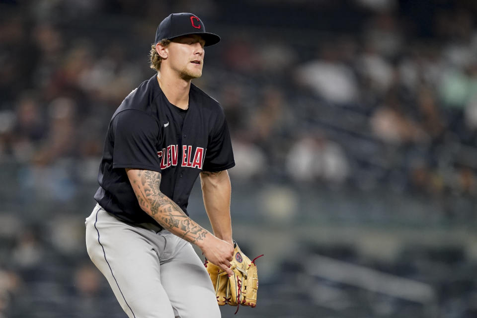 Cleveland Indians starting pitcher Zach Plesac reacts to the call on a pitch during the second inning of the team's baseball game against the New York Yankees, Friday, Sept. 17, 2021, in New York. (AP Photo/John Minchillo)