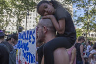 <p>New Yorkers demonstrate against the Trump administration’s decision to separate children from their parents when they are detained after crossing the border in downtown Brooklyn, N.Y., on June 14, 2018. (Photo: Andrew Lichtenstein/Corbis via Getty Images) </p>