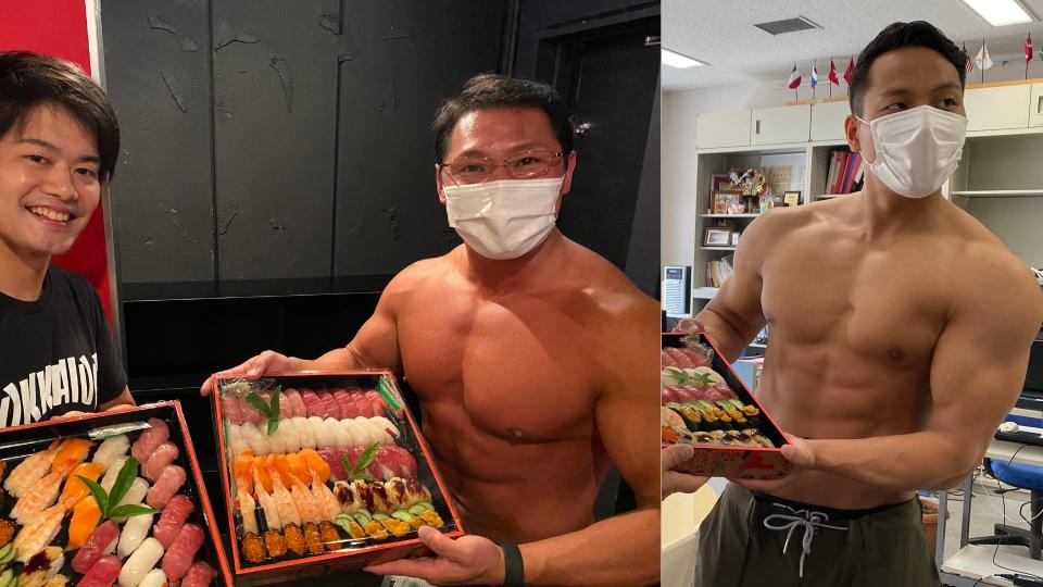 Imazushi, a high-class sushi restaurant in Nagoya, Japan came up with an amusing business strategy as business dropped during the COVID-19 pandemic: getting brawny bodybuilders to deliver sushi. (Photos: Twitter/@sushimacho)