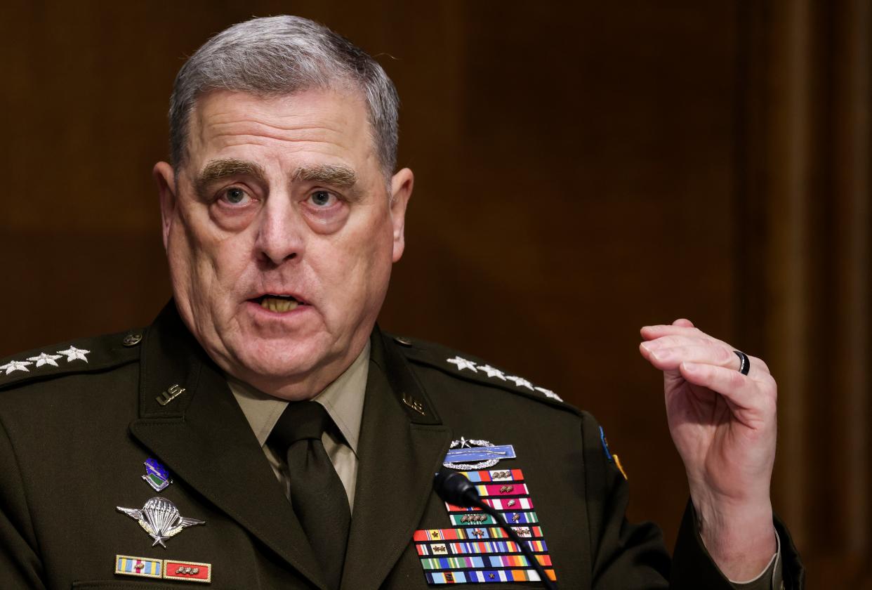 Joint Chiefs of Staff Chair Gen Mark Milley testifies on the Defense Department’s budget request during a Senate Appropriations Committee hearing on Capitol Hill on 17 June, 2021 in Washington, DC. Mr Milley repeatedly rebuffed calls from former President Donald Trump and associates for violent military intervention in protests last year, a new book claims. (Getty Images)