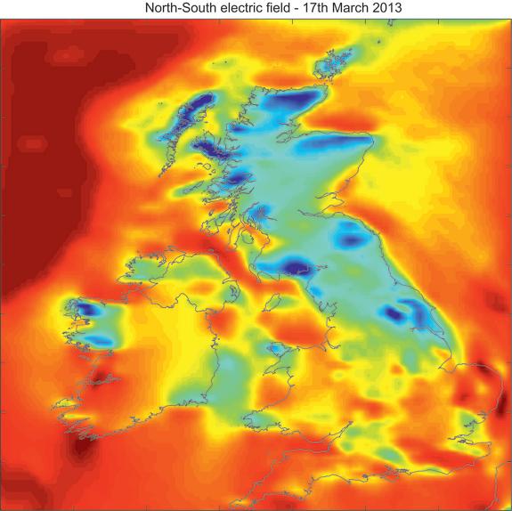 A snapshot of the electric field strength across the UK during the geomagnetic storm of 17 March 2013. Image released July 1, 2013.