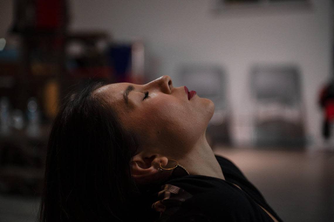 Danielle Correa relaxes at the end of a dance class on Wednesday, Sept. 27, 2023, at The Next Paige in Kansas City. “Literally seeing dreams come true right before my eyes is an awakening,” Paige Thomas said. “ And to me, that equals success, I know that I’ve done my job.”