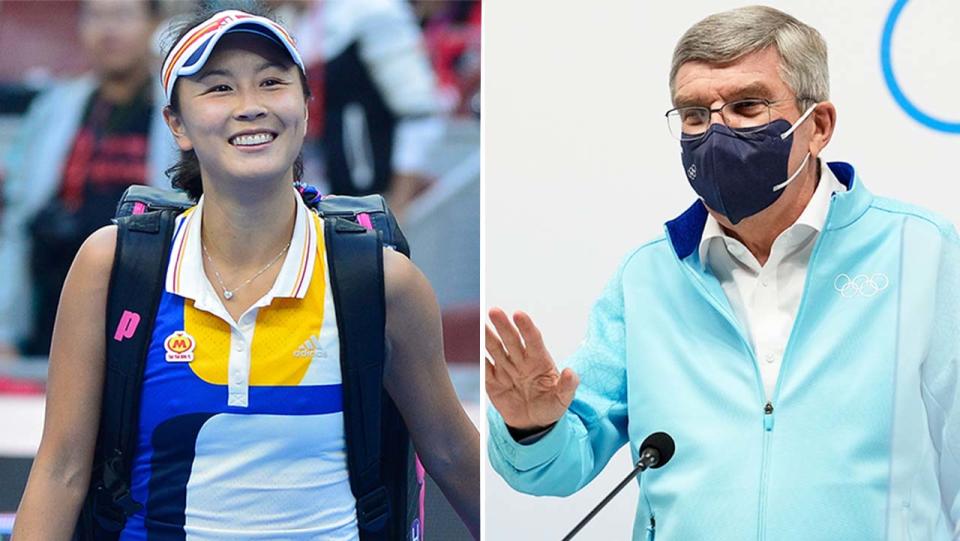 IOC president Thomas Bach (pictured right) during a press conference and (pictured left) Peng Shuai smiling to the crowd.
