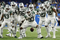 <p>New York Jets defensive back Jamal Adams (33) celebrates his interception with teammates during the second half of an NFL football game against the Detroit Lions in Detroit, Monday, Sept. 10, 2018. (AP Photo/Rick Osentoski) </p>