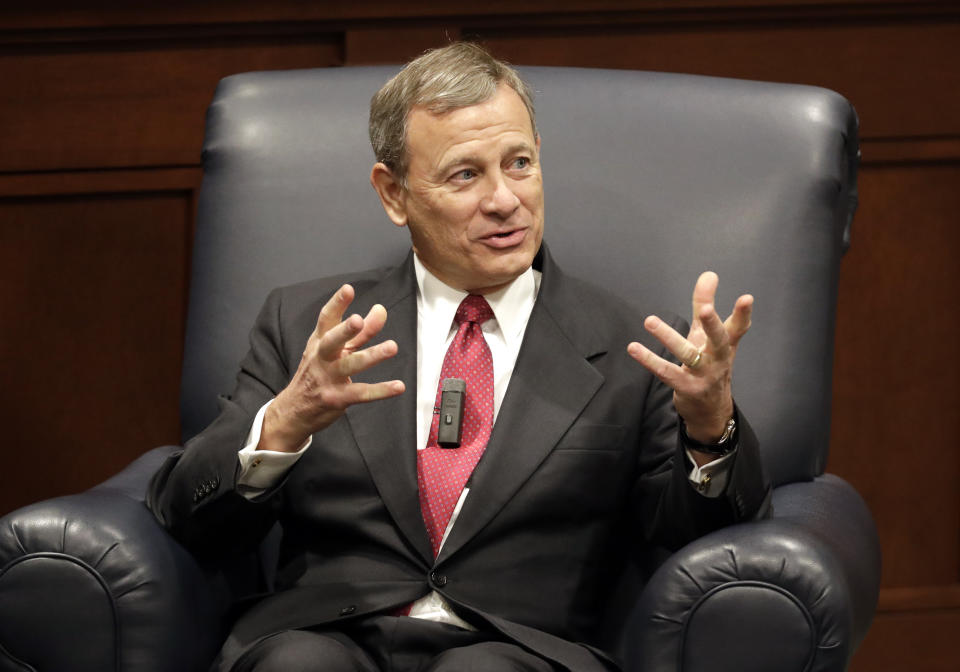 Supreme Court Chief Justice John Roberts answers questions during an appearance at Belmont University Wednesday, Feb. 6, 2019, in Nashville, Tenn. (AP Photo/Mark Humphrey)