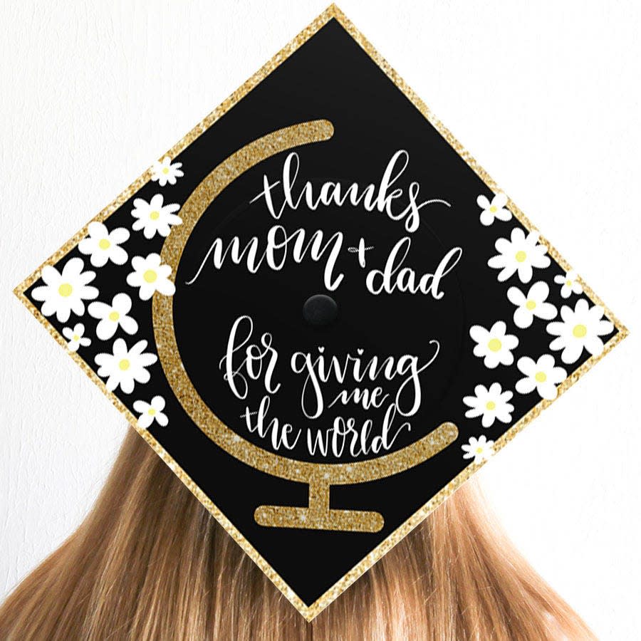 <p>threetwentynine.co</p><p><strong>$15.00</strong></p><p><a href="https://threetwentynine.co/shop/graduation-cap-decoration-34/" rel="nofollow noopener" target="_blank" data-ylk="slk:Shop Now;elm:context_link;itc:0;sec:content-canvas" class="link ">Shop Now</a></p><p>If you want to use your graduation cap as an opportunity to thank your parents for all their support over the years, this adorable topper is for you.</p>