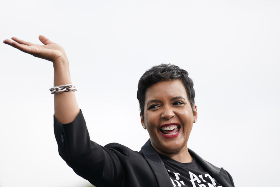 Atlanta Mayor Keisha Lance Bottoms arrives to speak during a drive-in rally for Democratic presidential candidate former Vice President Joe Biden at Cellairis Amphitheatre in Atlanta, Tuesday, Oct. 27, 2020. (AP Photo/Andrew Harnik)