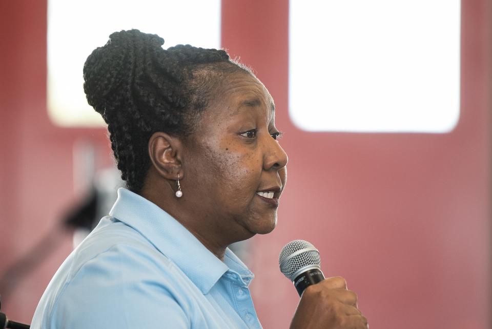 Riviera Beach Council member KaShamba Miller-Anderson speaks during the grand opening of Riviera Beach's newest fire station, Station 88, on Saturday, July 8, 2023, in Riviera Beach, Fla. Featuring state-of-the-art facilities, the 31,000 square foot, $20 million building houses Riviera Beach Fire Rescue trucks, decontamination facilities, a memorial honoring fallen firefighters from 9/11 and more.