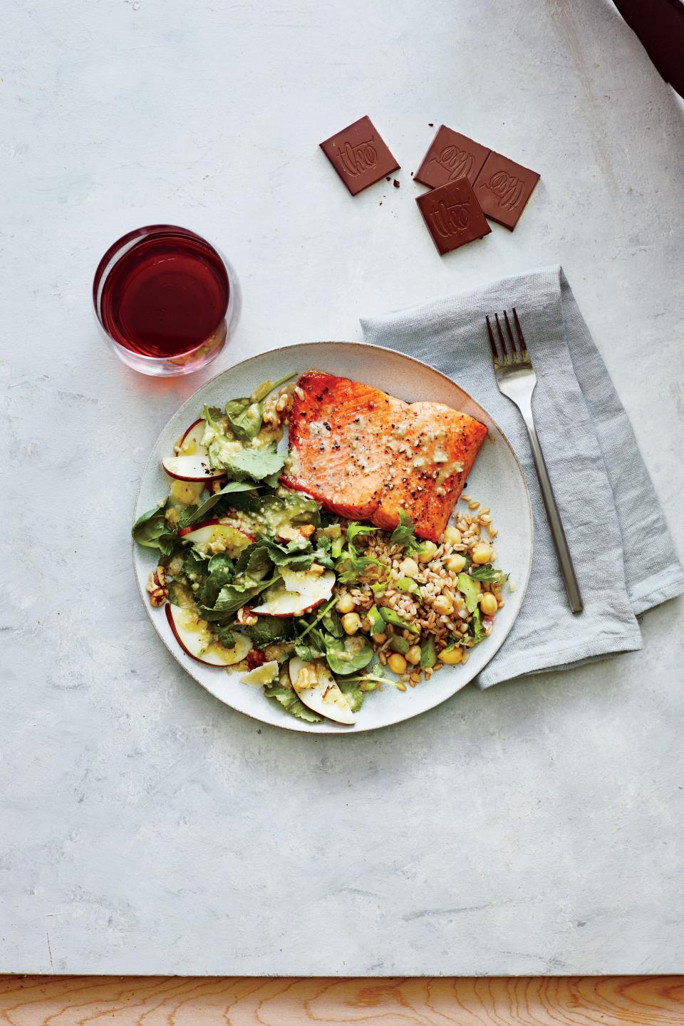 Pan-Seared Salmon with Pear and Walnut Spinach Salad