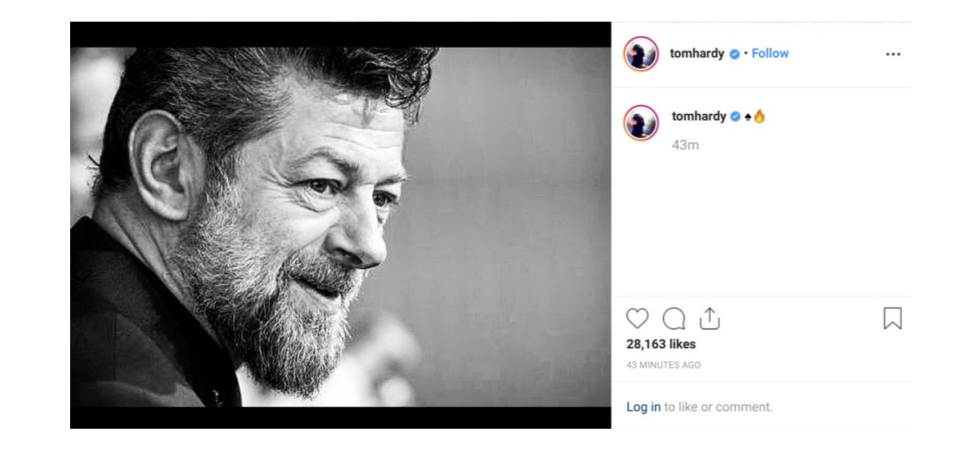 Tom Hardy's Instagram post supporting Andy Serkis (credit: Instagram)