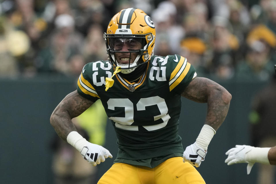 Green Bay Packers cornerback Jaire Alexander (23) celebrates after a stop on third down during the first half of an NFL football game against the Los Angeles Rams, Sunday, Nov. 5, 2023, in Green Bay, Wis. (AP Photo/Morry Gash)