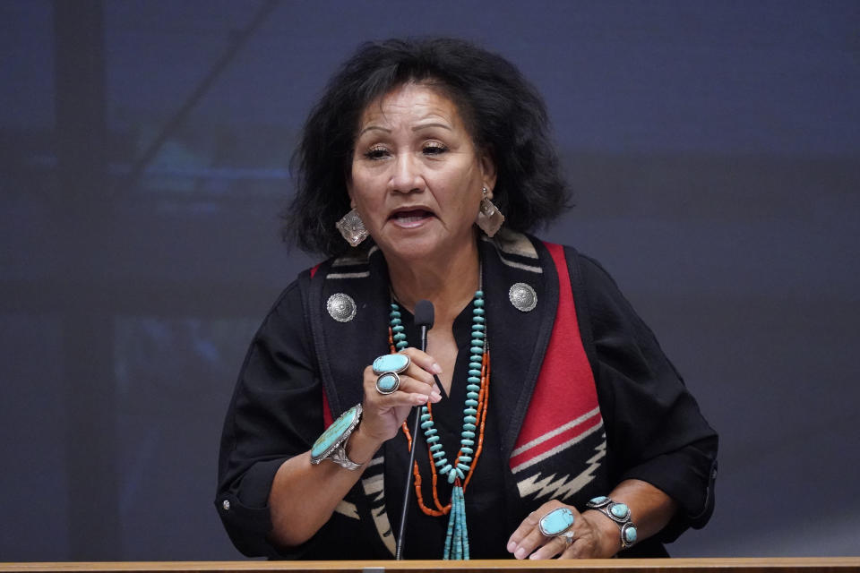 FILE—Navajo Presidential candidate Frankie Davis speaks during a Presidential Forum at Arizona State University, Thursday, July 14, 2022, in Phoenix. Davis is among 15 candidates seeking the top leadership post on the largest Native American reservation in the U.S. (AP Photo/Matt York, File)