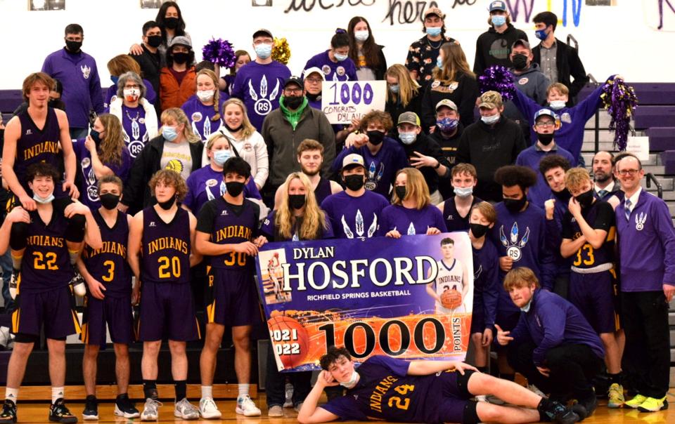 Sophomore Dylan Hosford (24) scored the 1,000th point of his varsity basketball career Wednesday during Richfield Springs/Owen D. Young's Section IV playoff victory at Milford.