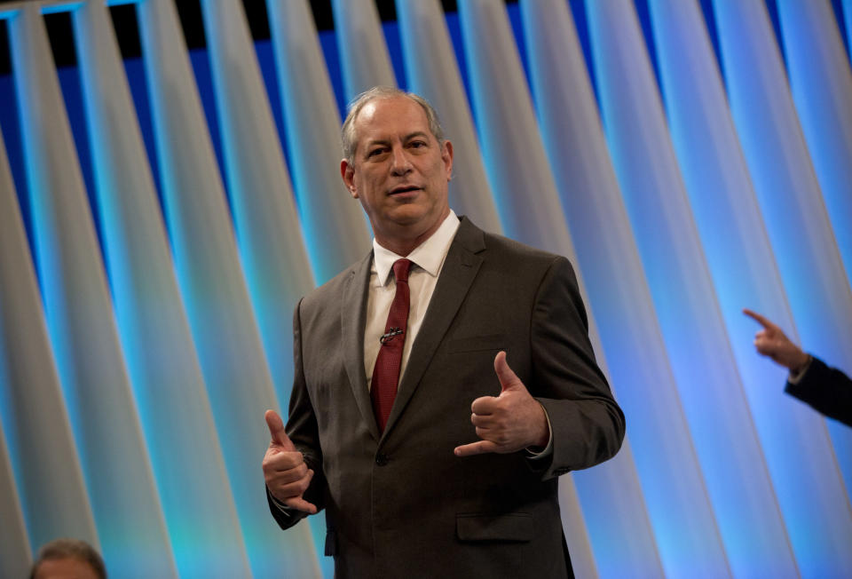 Ciro Gomes, presidential candidate of the Democratic Labor Party, gestures before the start of a live, televised presidential debate in Rio de Janeiro, Brazil, Thursday, Oct. 4, 2018. Brazil will hold general elections on Oct. 7. (AP Photo/Silvia Izquierdo)