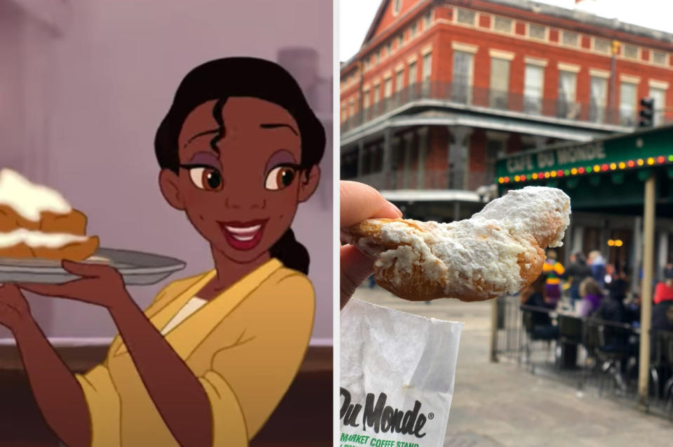 Princess Tiana is holding a tray of beignets with a woman holding a bag of beignets on the right