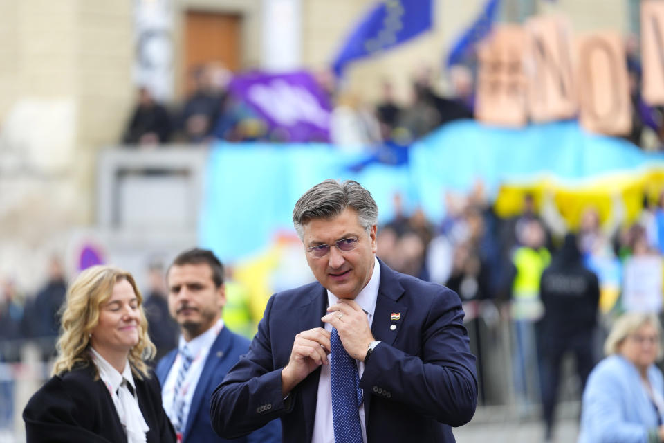 Croatia's Prime Minister Andrej Plenkovic arrives for an EU Summit at Prague Castle in Prague, Czech Republic, Friday, Oct 7, 2022. European Union leaders converged on Prague Castle Friday to try to bridge significant differences over a natural gas price cap as winter approaches and Russia's war on Ukraine fuels a major energy crisis. (AP Photo/Petr David Josek)