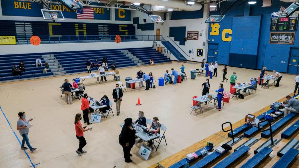 The gymnasium of Battery Creek High School was turned into a vaccination center on Thursday, March 11, 2021 for employees with the Beaufort County School District to receive their first dose of the Pfizer COVID-19 vaccine. Beaufort Memorial Hospital would be at the high school for roughly five hours to vaccinate employees in the school district.