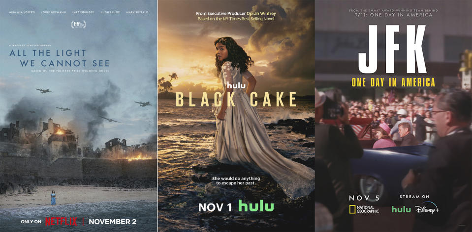 This combination of images show promotional art for "All the Light We Cannot See," a series streaming Nov. 2 on Netflix, left, "Black Cake," a series streaming Nov. 1 on Hulu, center, and "JFK: One Day in America," streaming Nov. 5 on National Geographic, and the next day on Hulu and Disney+. (Netflix/Hulu/National Geographic via AP)