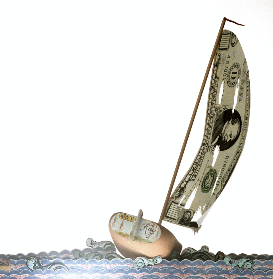 Craig Pursley color Illustration of sailboat "401 Kay" with tattered sail tossed on monetary waters. (Photo: The Orange County Register/Tribune News Service via Getty Images)