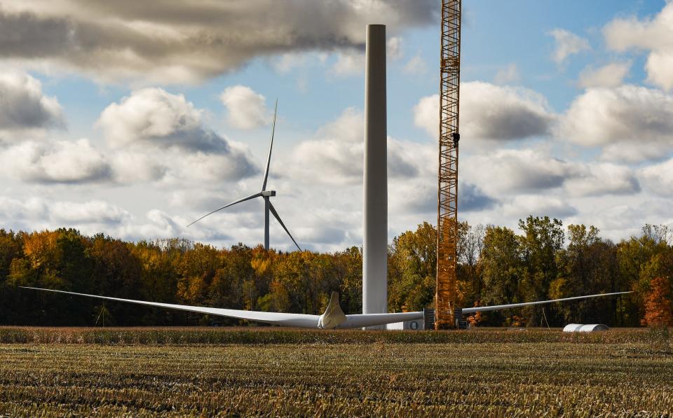 The base and propeller for a wind turbine under construction, seen Oct. 24, 2019, on farmland in Gratiot County.