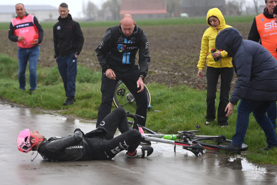 WEVELGEM BELGIUM  MARCH 26 ukasz Winiowski of Poland and Team EF EducationEasyPost after being involved in a crash during the 85th GentWevelgem in Flanders Fields 2023 Mens Elite a 2609km one day race from Ypres to Wevelgem  UCIWT  on March 26 2023 in Wevelgem Belgium Photo by Tim de WaeleGetty Images