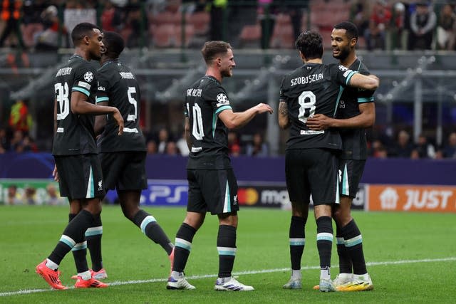 Dominik Szoboszlai, second right, celebrates his goal with team-mates, from left, Ryan Gravenberch, Ibrahima Konate, Alexis Mac Allister and Cody Gakpo